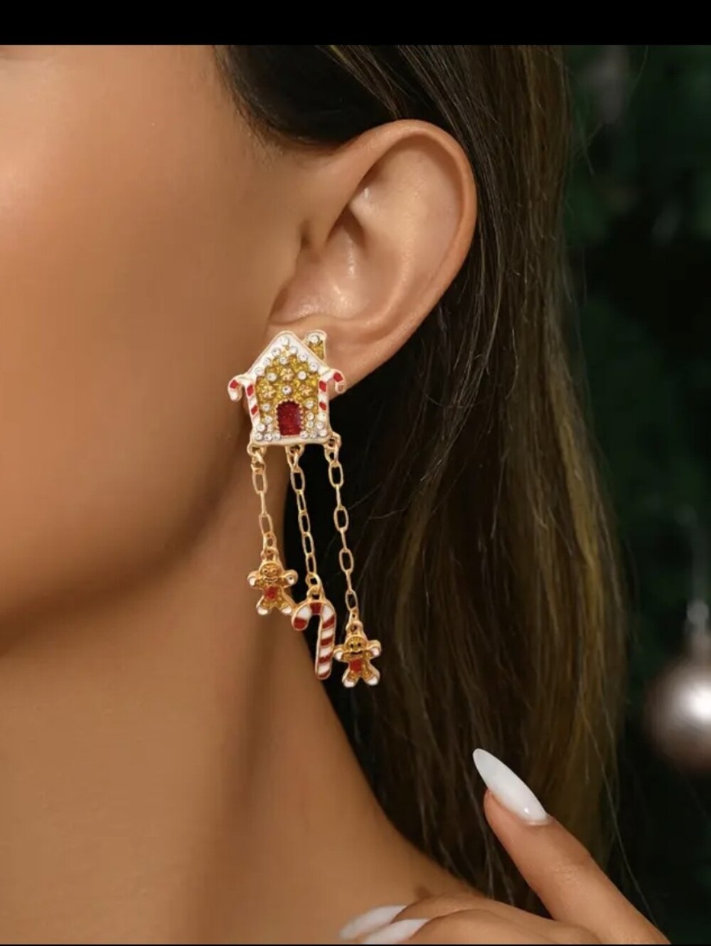 Gold plated Gingerbread House Candy Canes Dangle Earrings